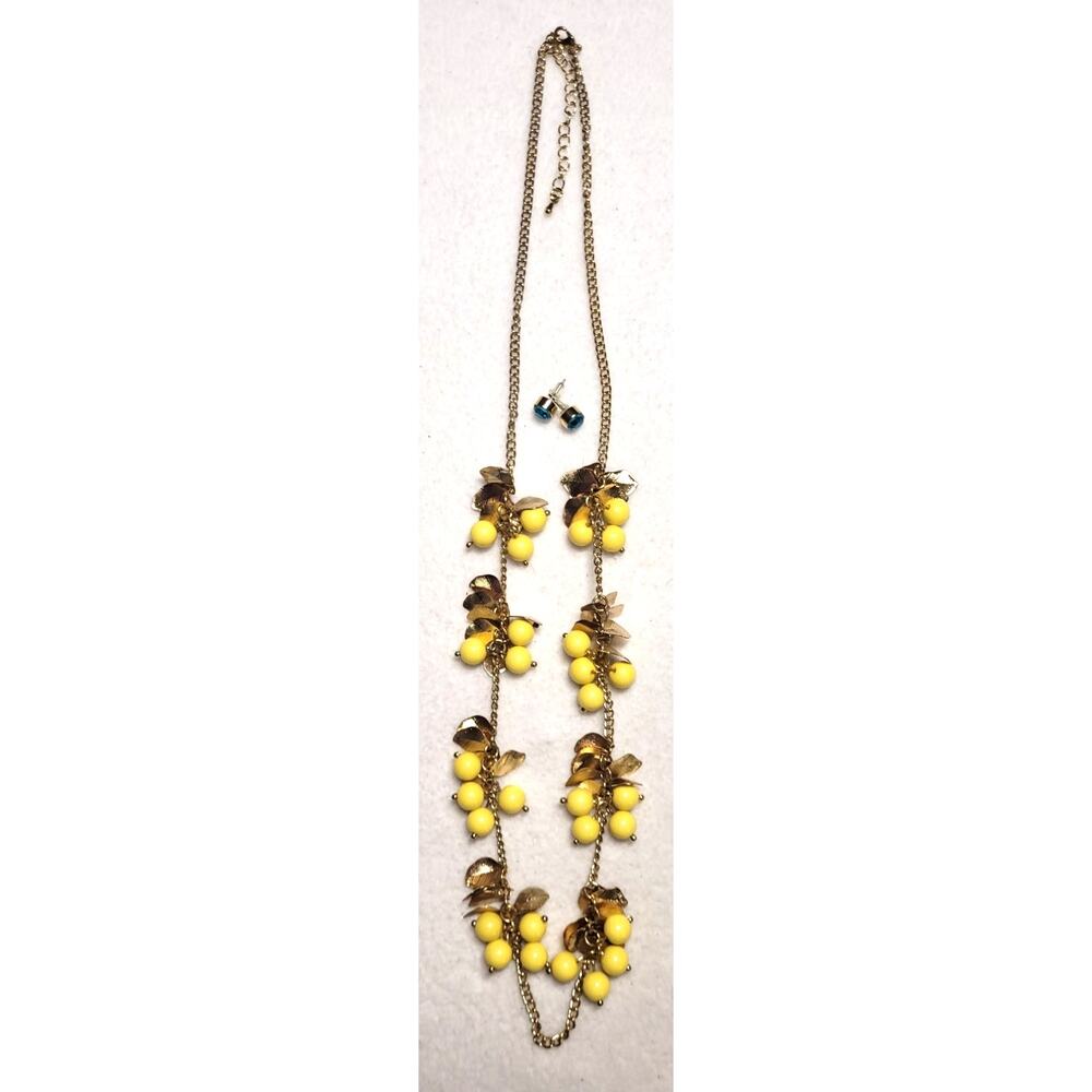 MCM Goldtone Multi Strand Yellow Bead Statement Necklace & Green Accent Earrings